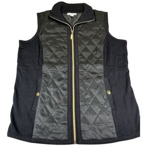 Susan Graver Quilted Vest Women Small Black Gold Zip Pockets Knit Panels NWT
